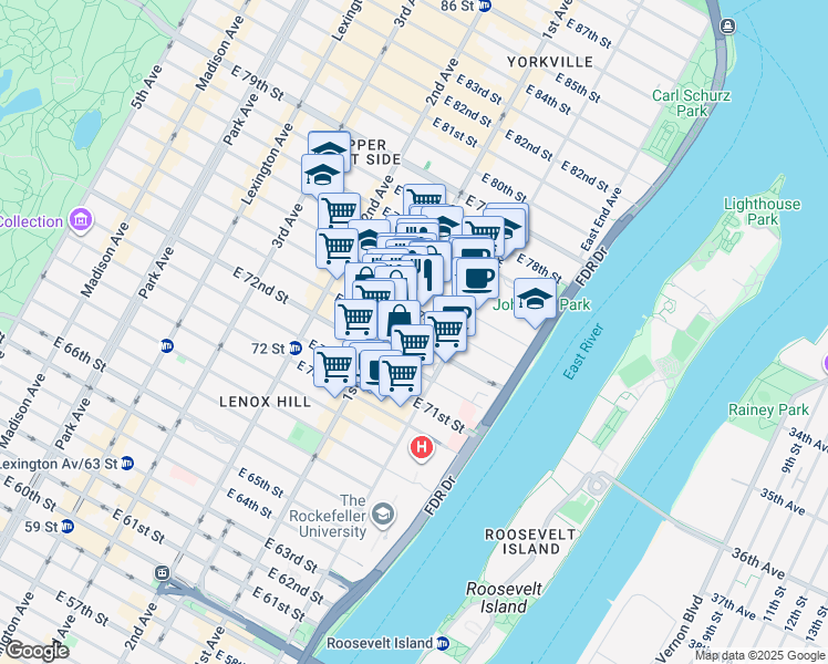 map of restaurants, bars, coffee shops, grocery stores, and more near 415 East 73rd Street in New York