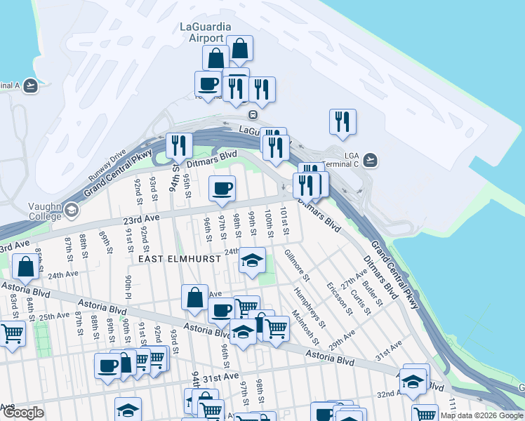 map of restaurants, bars, coffee shops, grocery stores, and more near 99-20 23rd Avenue in Queens