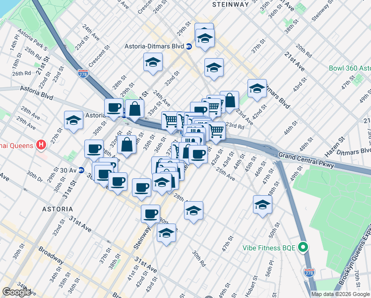 map of restaurants, bars, coffee shops, grocery stores, and more near 2512 Steinway Street in Queens