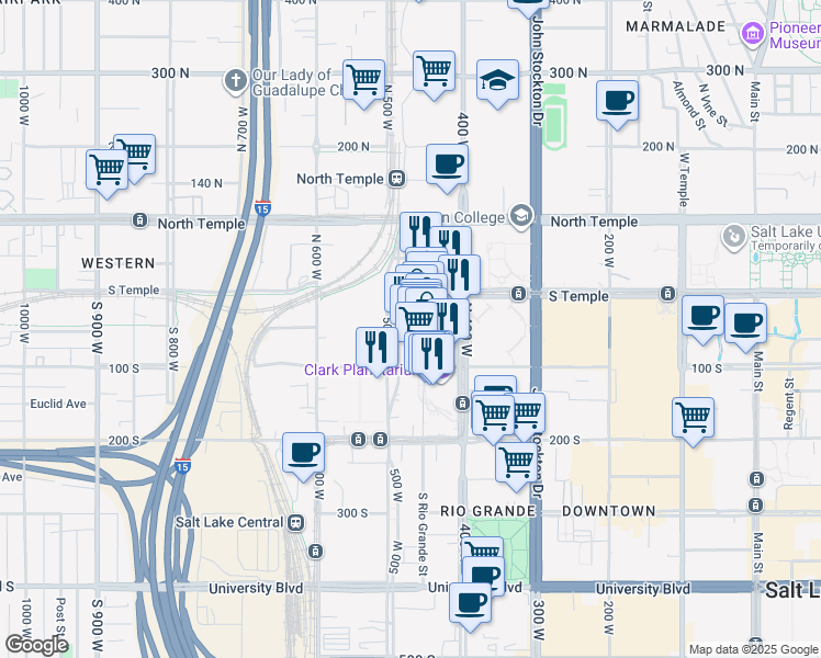 map of restaurants, bars, coffee shops, grocery stores, and more near 5 South 500 West in Salt Lake City