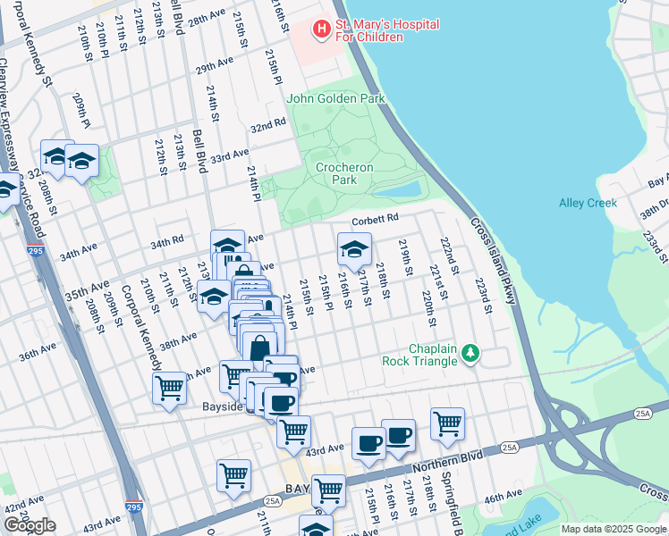 map of restaurants, bars, coffee shops, grocery stores, and more near 215-34 36th Avenue in Queens
