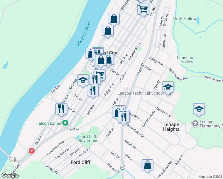 map of restaurants, bars, coffee shops, grocery stores, and more near 902 7th Avenue in Ford City
