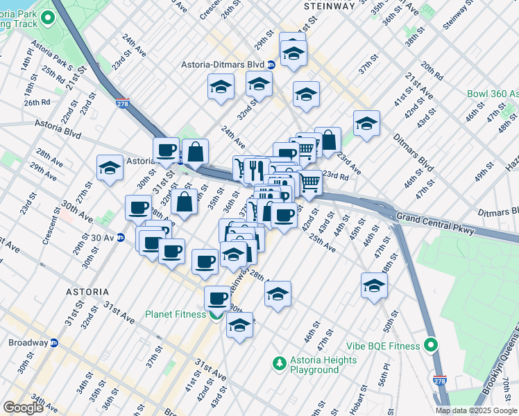 map of restaurants, bars, coffee shops, grocery stores, and more near 24-56 38th Street in Queens