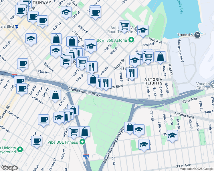 map of restaurants, bars, coffee shops, grocery stores, and more near 21-63 Hazen Street in Queens