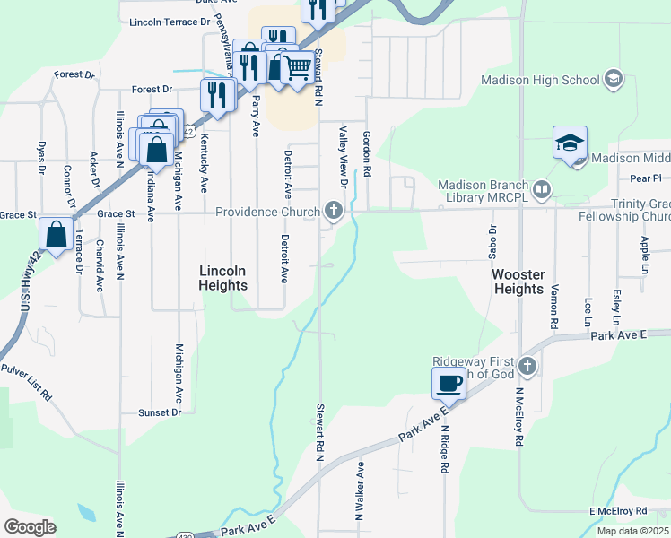 map of restaurants, bars, coffee shops, grocery stores, and more near 452 North Stewart Road in Mansfield