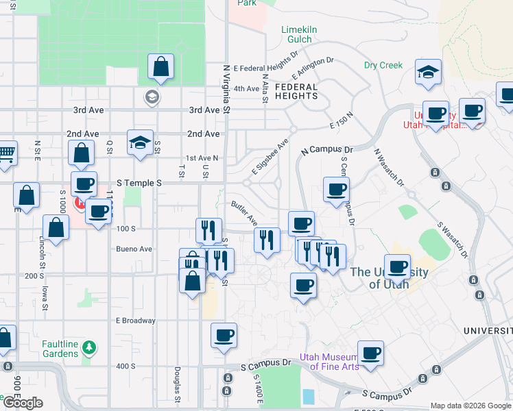 map of restaurants, bars, coffee shops, grocery stores, and more near 1414 Federal Way in Salt Lake City