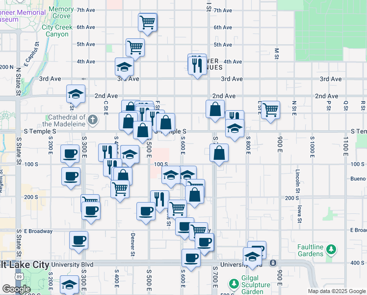 map of restaurants, bars, coffee shops, grocery stores, and more near 34 600 East in Salt Lake City