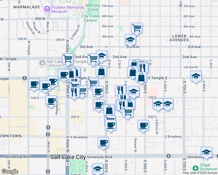 map of restaurants, bars, coffee shops, grocery stores, and more near 25 South 300 East in Salt Lake City