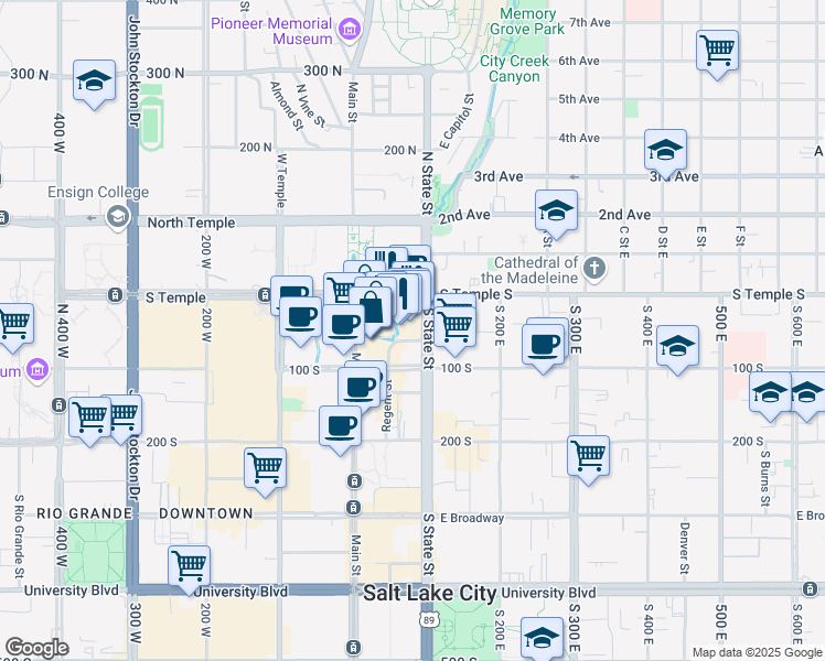 map of restaurants, bars, coffee shops, grocery stores, and more near 35 East 100 South in Salt Lake City