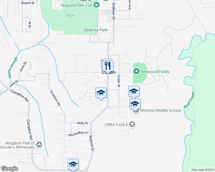 map of restaurants, bars, coffee shops, grocery stores, and more near 4060 Walnut Drive in Eureka