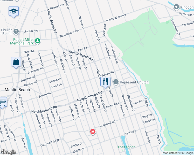 map of restaurants, bars, coffee shops, grocery stores, and more near 123 Whittier Drive in Mastic Beach