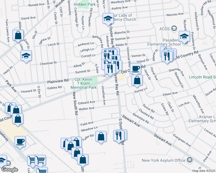 map of restaurants, bars, coffee shops, grocery stores, and more near 3 Jonathan Avenue in Hicksville