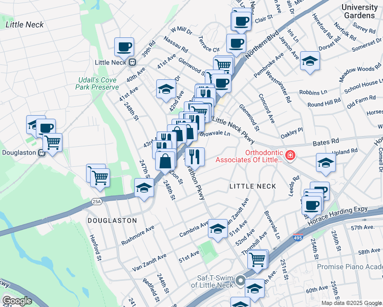 map of restaurants, bars, coffee shops, grocery stores, and more near 250-14 Northern Boulevard in Queens