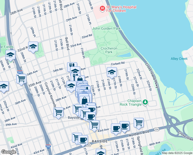 map of restaurants, bars, coffee shops, grocery stores, and more near 36-06 215th Street in Queens