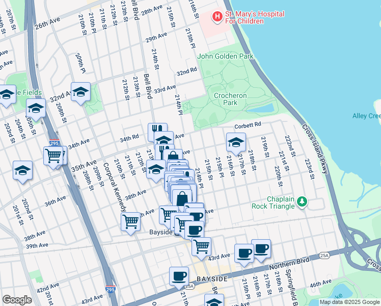 map of restaurants, bars, coffee shops, grocery stores, and more near 214-03 36th Avenue in Queens