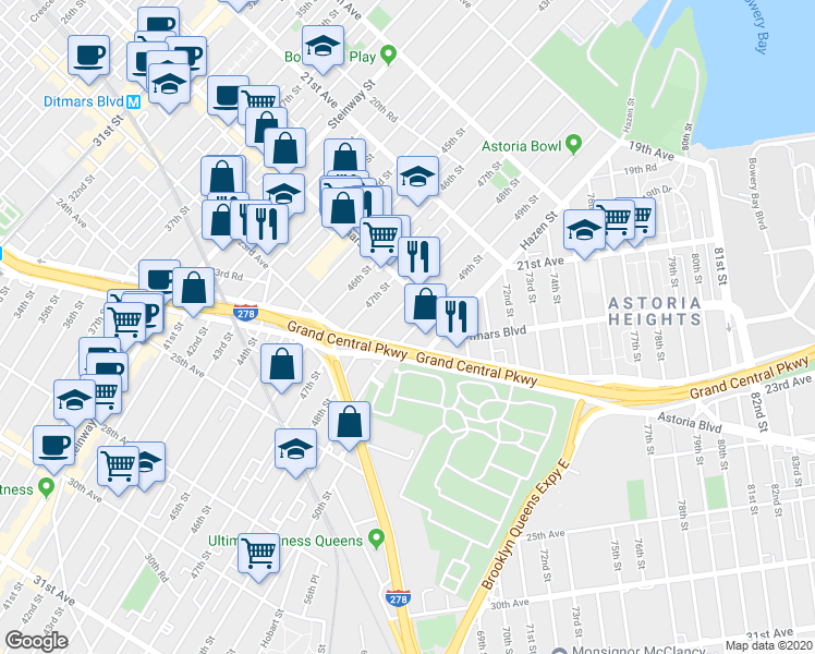 map of restaurants, bars, coffee shops, grocery stores, and more near 22-38 48th Street in Queens