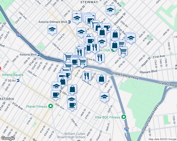 map of restaurants, bars, coffee shops, grocery stores, and more near 4302 Astoria Boulevard South in Queens