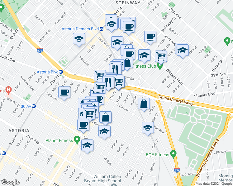 map of restaurants, bars, coffee shops, grocery stores, and more near 41-02 Astoria Boulevard South in Queens