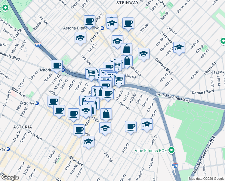 map of restaurants, bars, coffee shops, grocery stores, and more near 24-19 Steinway Street in Queens