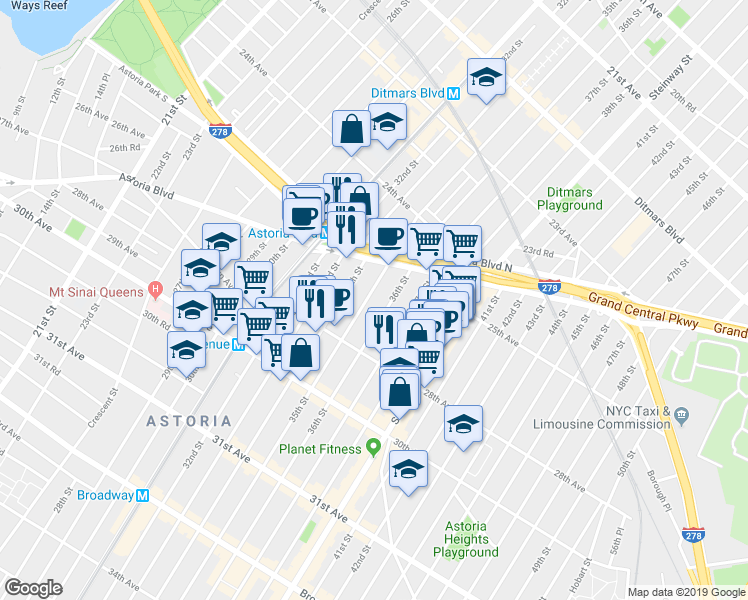 map of restaurants, bars, coffee shops, grocery stores, and more near 25-37 35th Street in Queens