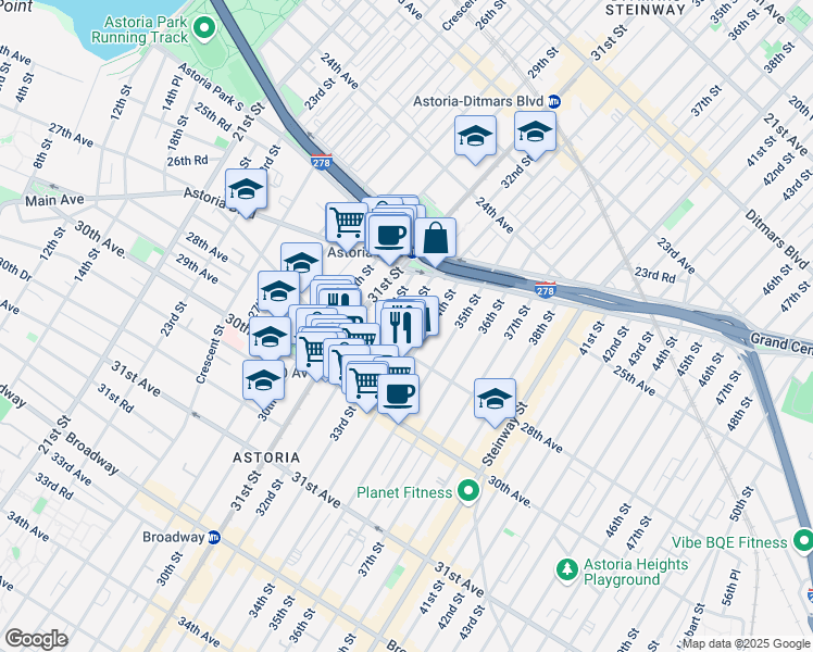 map of restaurants, bars, coffee shops, grocery stores, and more near 25-55 32nd Street in Queens