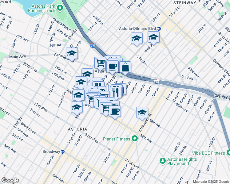 map of restaurants, bars, coffee shops, grocery stores, and more near 25-55 32nd Street in Queens
