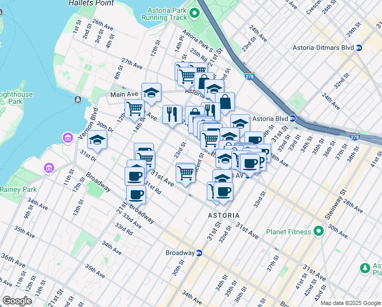 map of restaurants, bars, coffee shops, grocery stores, and more near 23-19 30th Avenue in Queens