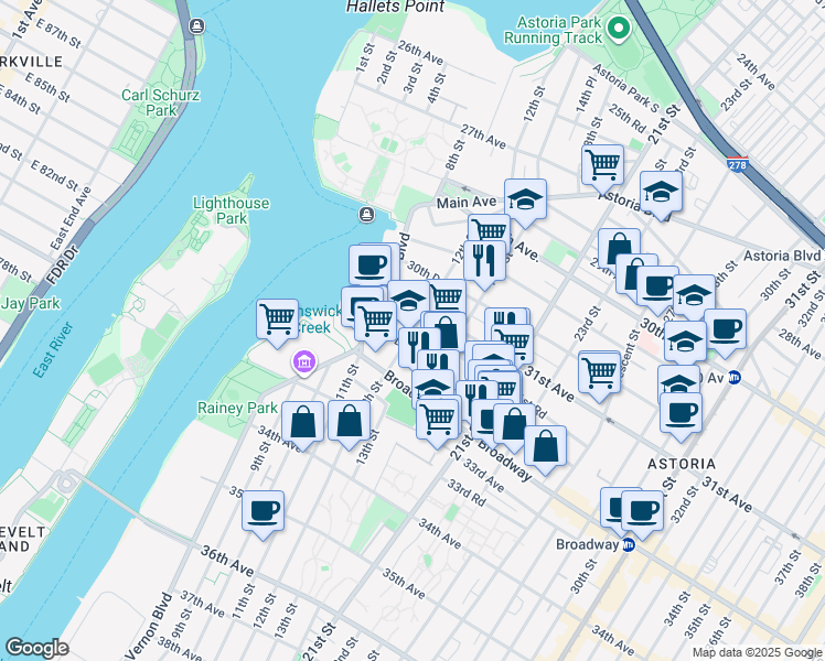 map of restaurants, bars, coffee shops, grocery stores, and more near 12-04 31st Avenue in Queens