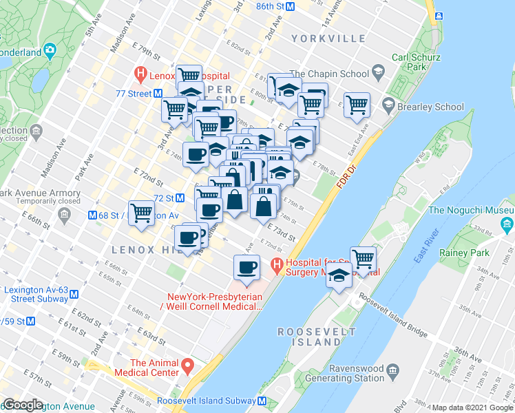 map of restaurants, bars, coffee shops, grocery stores, and more near in New York