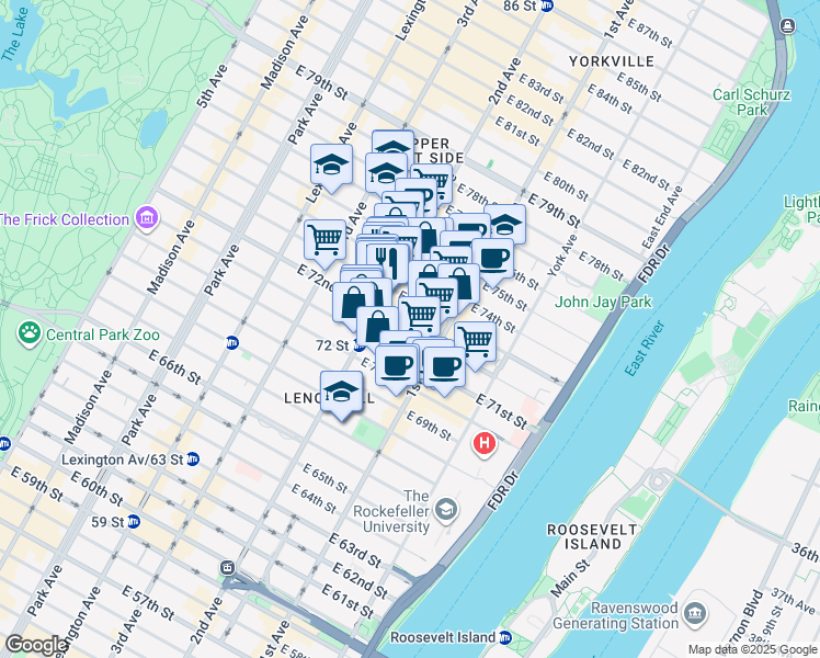 map of restaurants, bars, coffee shops, grocery stores, and more near 1400 2nd Avenue in New York