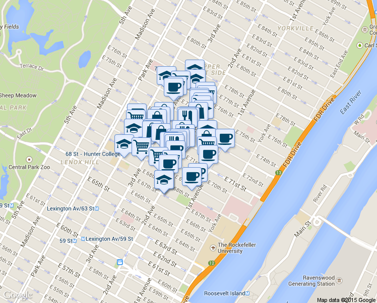 map of restaurants, bars, coffee shops, grocery stores, and more near 1349 2nd Avenue in New York