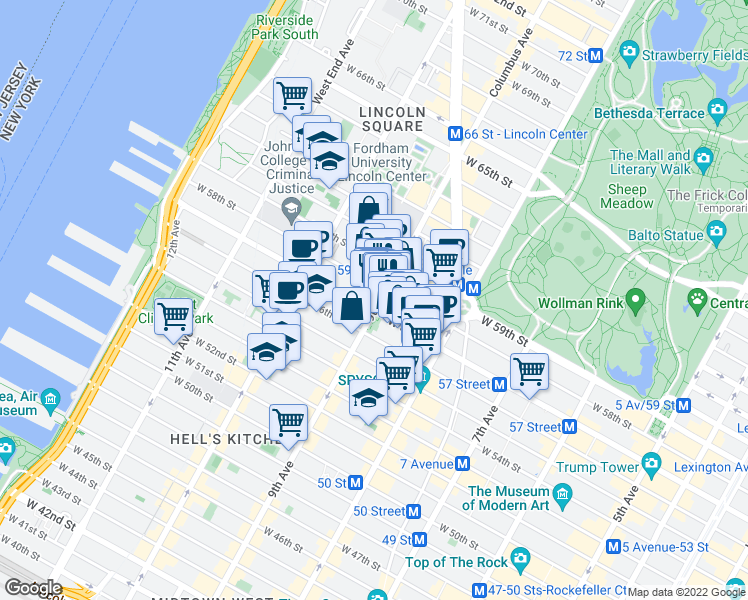 map of restaurants, bars, coffee shops, grocery stores, and more near 871 9th Avenue in New York