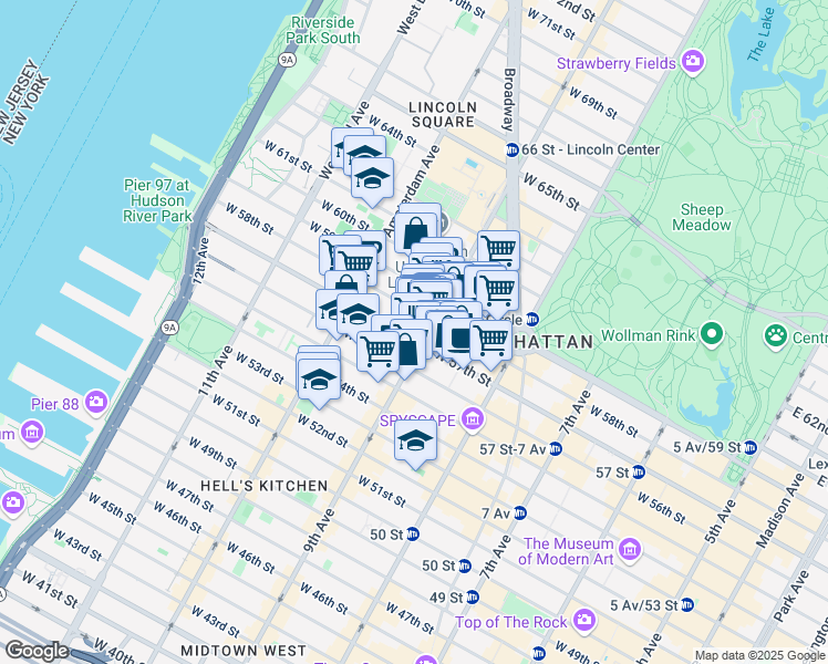 map of restaurants, bars, coffee shops, grocery stores, and more near 871 9th Avenue in New York