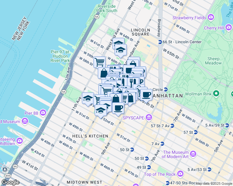map of restaurants, bars, coffee shops, grocery stores, and more near 425 West 57th Street in New York