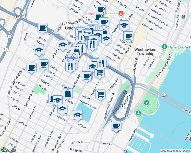 map of restaurants, bars, coffee shops, grocery stores, and more near in Weehawken