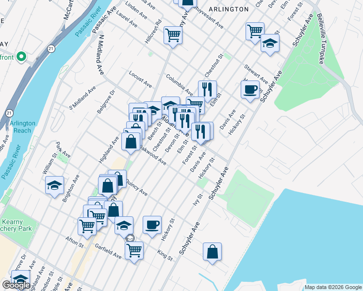 map of restaurants, bars, coffee shops, grocery stores, and more near 441 Elm Street in Kearny