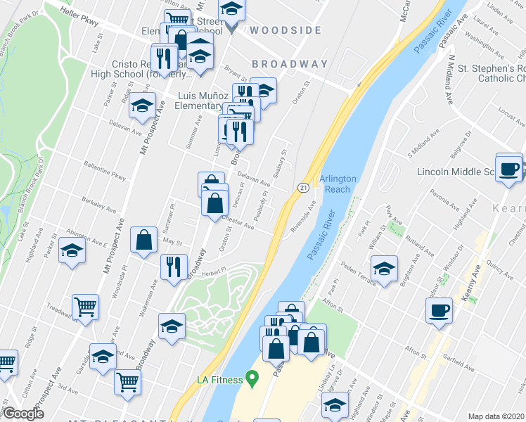 map of restaurants, bars, coffee shops, grocery stores, and more near 85 Oraton Street in Newark