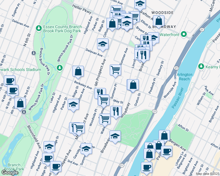map of restaurants, bars, coffee shops, grocery stores, and more near 482 Summer Avenue in Newark