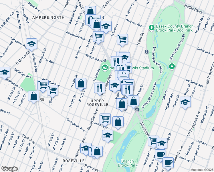 map of restaurants, bars, coffee shops, grocery stores, and more near 517 Roseville Avenue in Newark