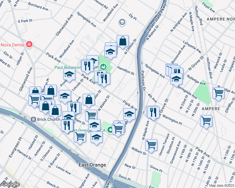 map of restaurants, bars, coffee shops, grocery stores, and more near 204 North Walnut Street in East Orange