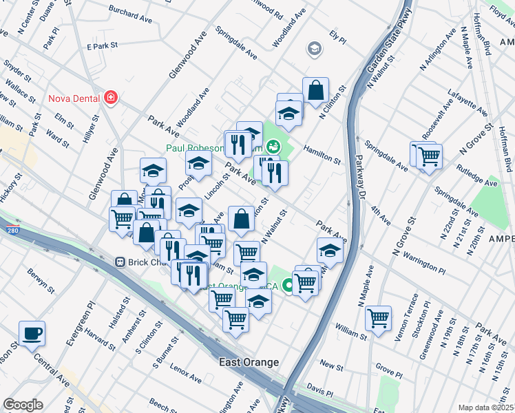 map of restaurants, bars, coffee shops, grocery stores, and more near 12 Melmore Gardens in East Orange