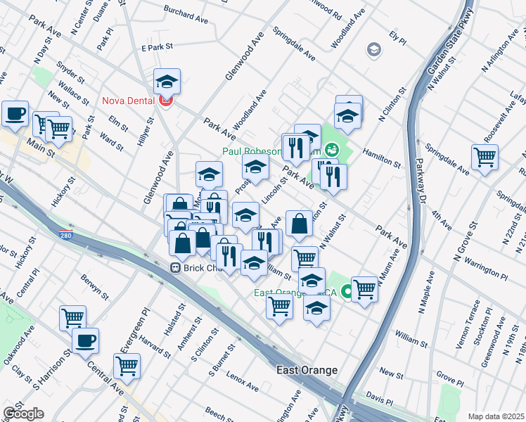 map of restaurants, bars, coffee shops, grocery stores, and more near 100 Lincoln Street in East Orange