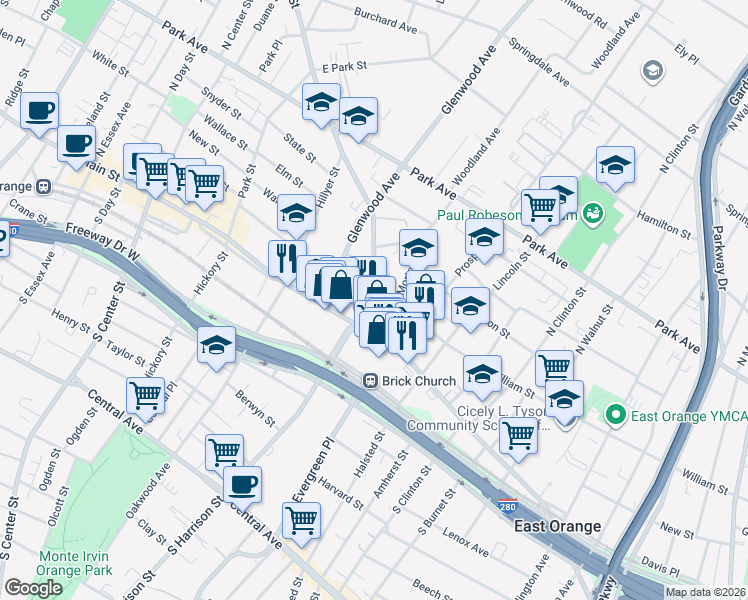 map of restaurants, bars, coffee shops, grocery stores, and more near 22 Washington Street in East Orange