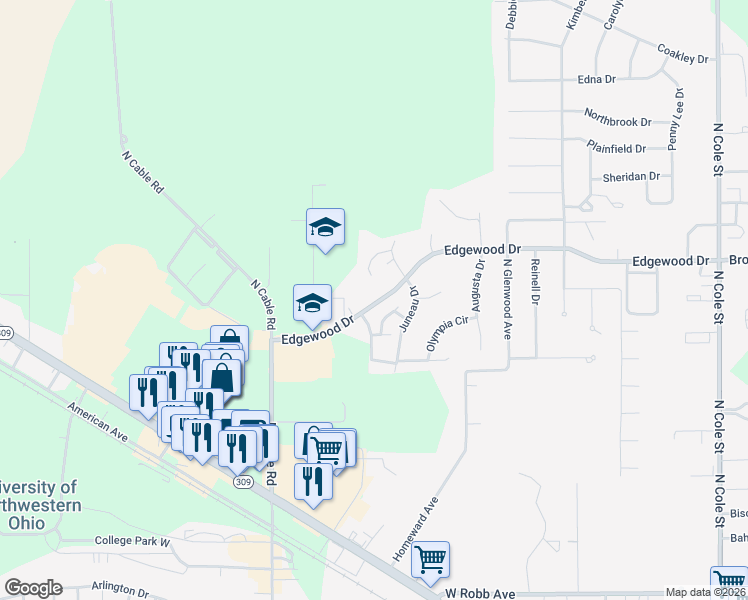 map of restaurants, bars, coffee shops, grocery stores, and more near 2052 Edgewood Drive in Lima