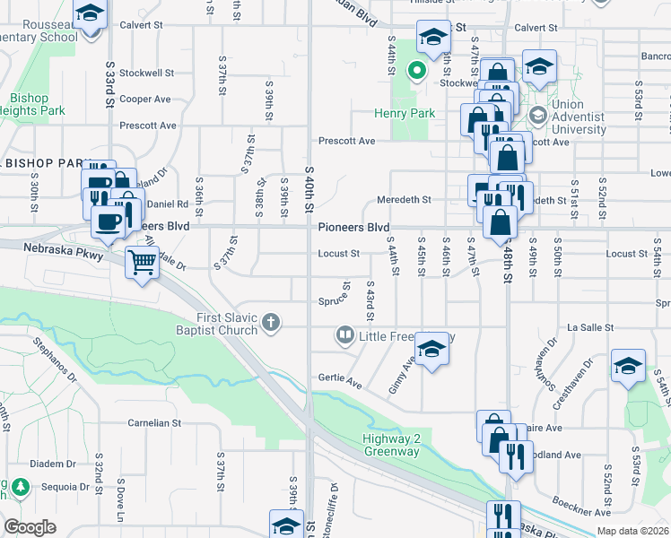map of restaurants, bars, coffee shops, grocery stores, and more near 4131 Locust Street in Lincoln