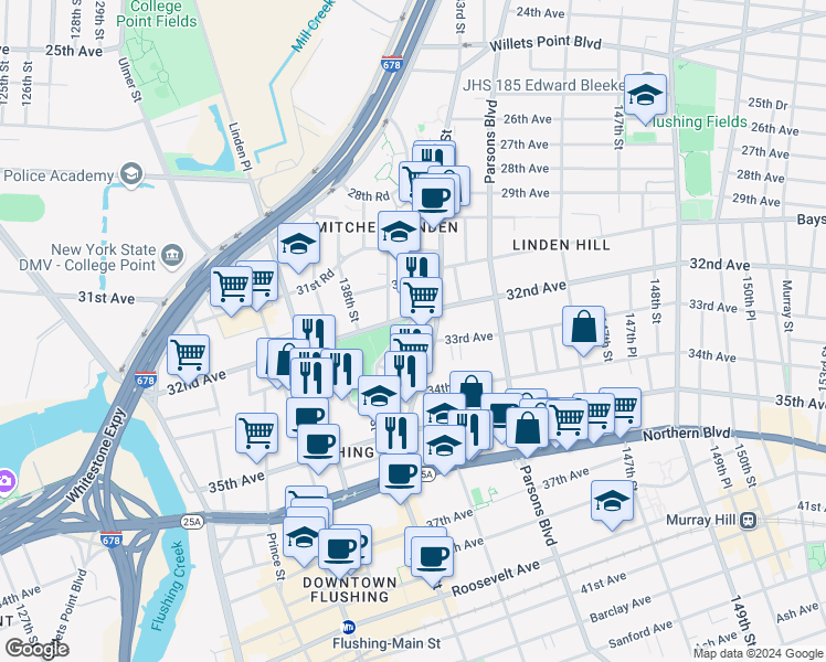 map of restaurants, bars, coffee shops, grocery stores, and more near 32-15 Leavitt Street in Queens