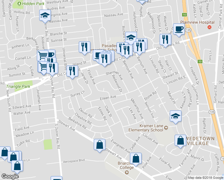 map of restaurants, bars, coffee shops, grocery stores, and more near 30 Lane Avenue in Plainview