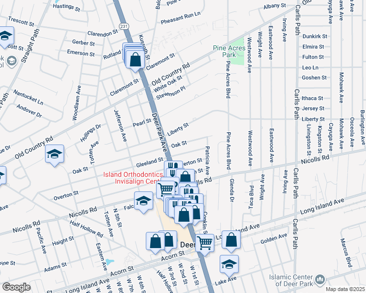 map of restaurants, bars, coffee shops, grocery stores, and more near 44 Oak St in Deer Park