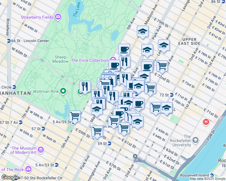 map of restaurants, bars, coffee shops, grocery stores, and more near 786 Madison Avenue in New York