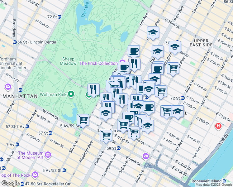 map of restaurants, bars, coffee shops, grocery stores, and more near 786 Madison Avenue in New York